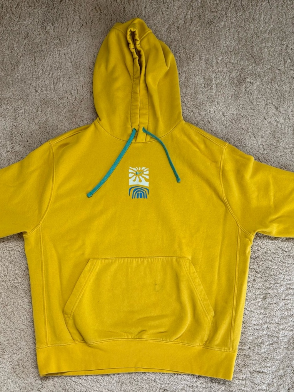 Nike Yellow Hoodie with Teal Drawstrings and Graphic